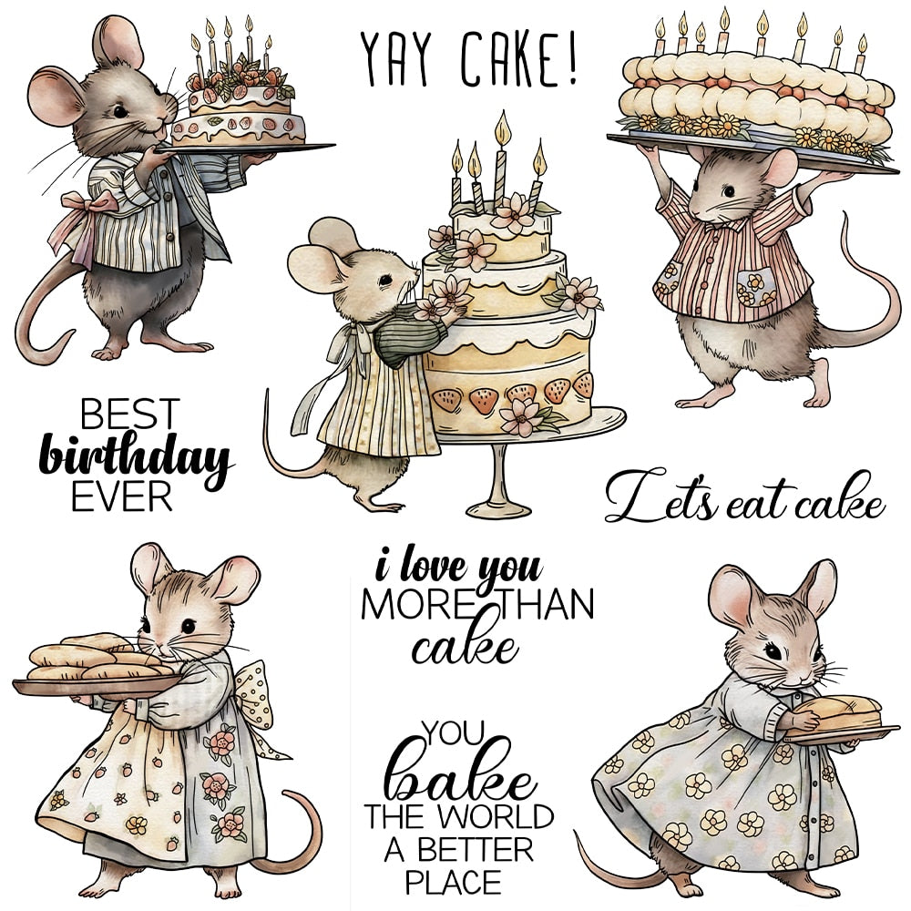 Adorable Mousey bringing Cakes Transparent Stamps, Stamp and Die Set (please order items separately)
