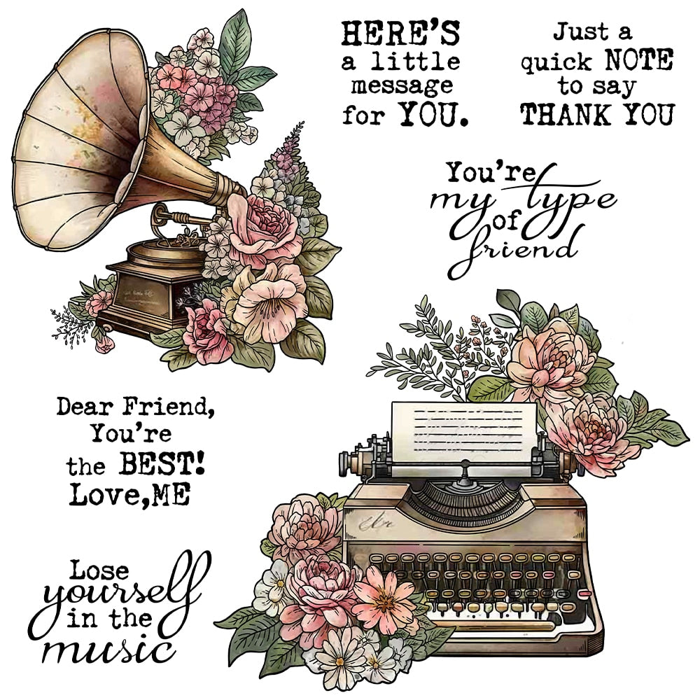 Vintage Gramophone/Typewriter Transparent Stamps, Stamp and Die Set (please order items separately)