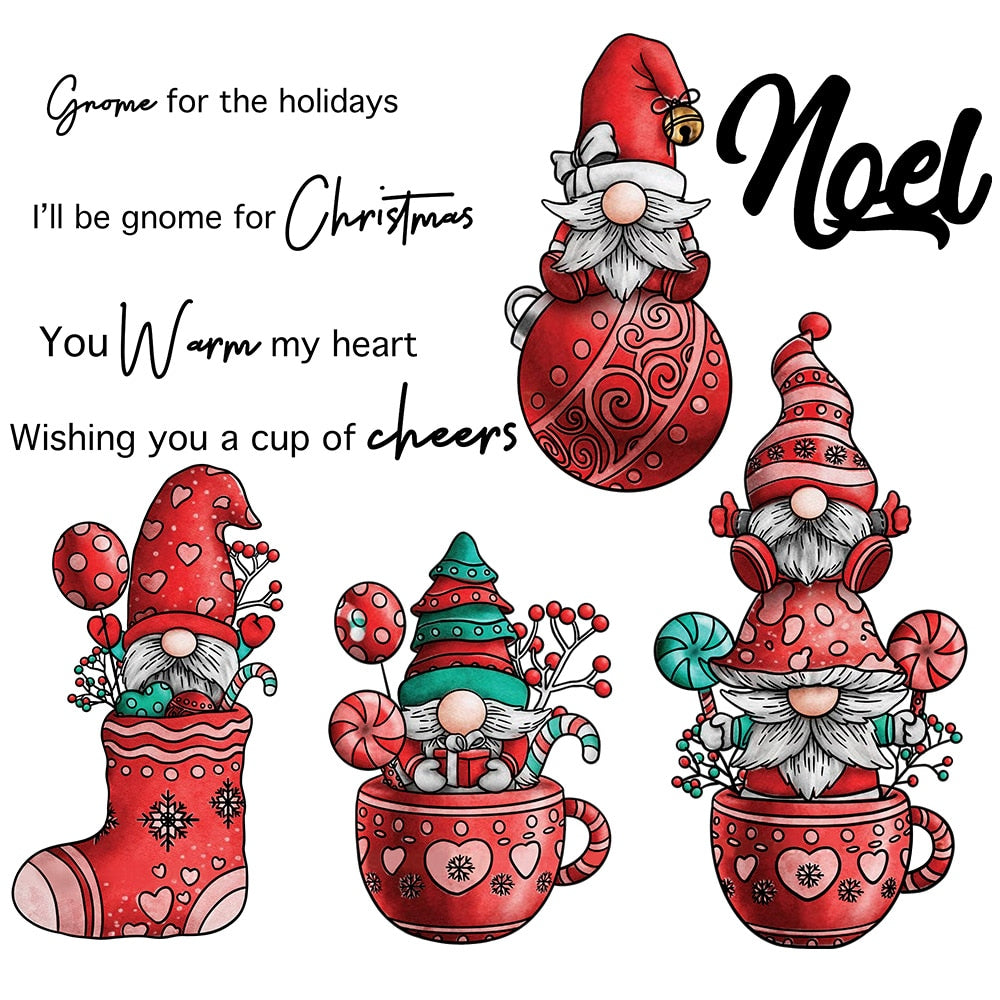 Comical Gnomes Sending Christmas Cheer Transparent Stamps, Stamp and Die Set (please order items separately)