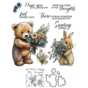 Bear and Bunny Sending Flowers Transparent Stamps, Stamp and Die Set (please order items separately)