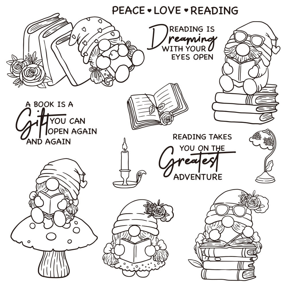 Gnomes Enjoy Reading Transparent Stamps, Stamp and Die Set (please order items separately)