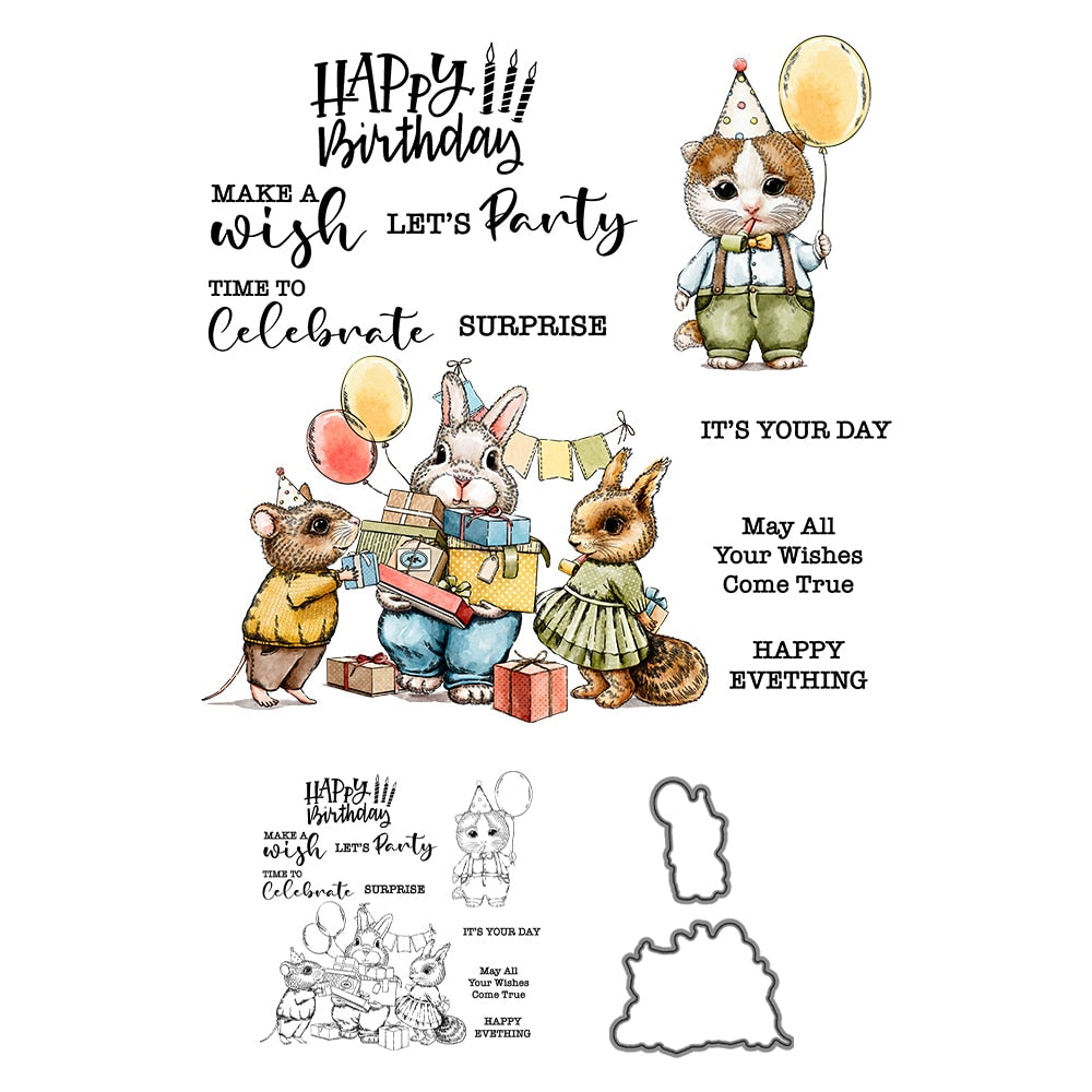 Cute Happy Birthday Animals Transparent Stamp and Die Set