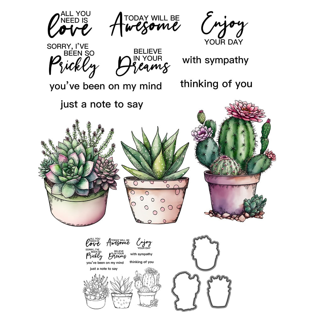 Charming Potted Cactus Plants Transparent Stamps, Stamp and Die Set (please order items separately)